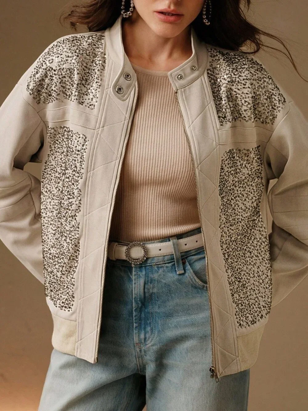 Khaki Casual Women'sKnit Embroidered Loose Jacket